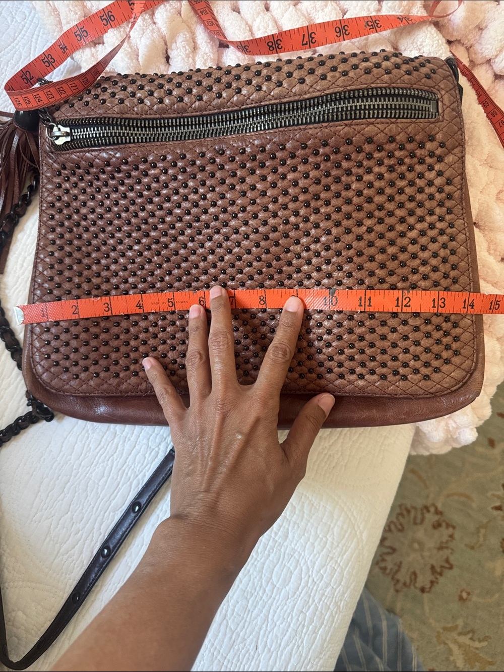 Rebecca Minkoff Brown Leather Studded Tassel Crossbody Bag - Picture 7 of 8